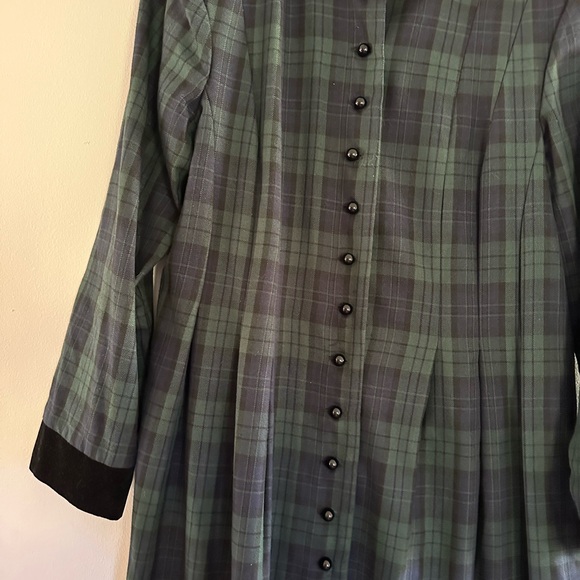 Vintage Plaid Green Navy Long Sleeve Dress Velvet Holiday Poetcore Whimsigoth - Picture 3 of 9